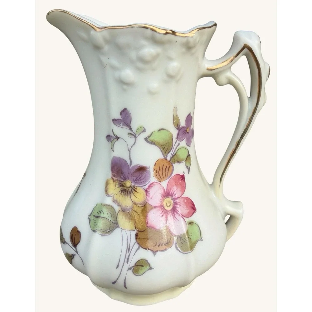 Vintage Sevres Style Creamer Opalescent Porcelain Floral Butterfly Pitcher 4